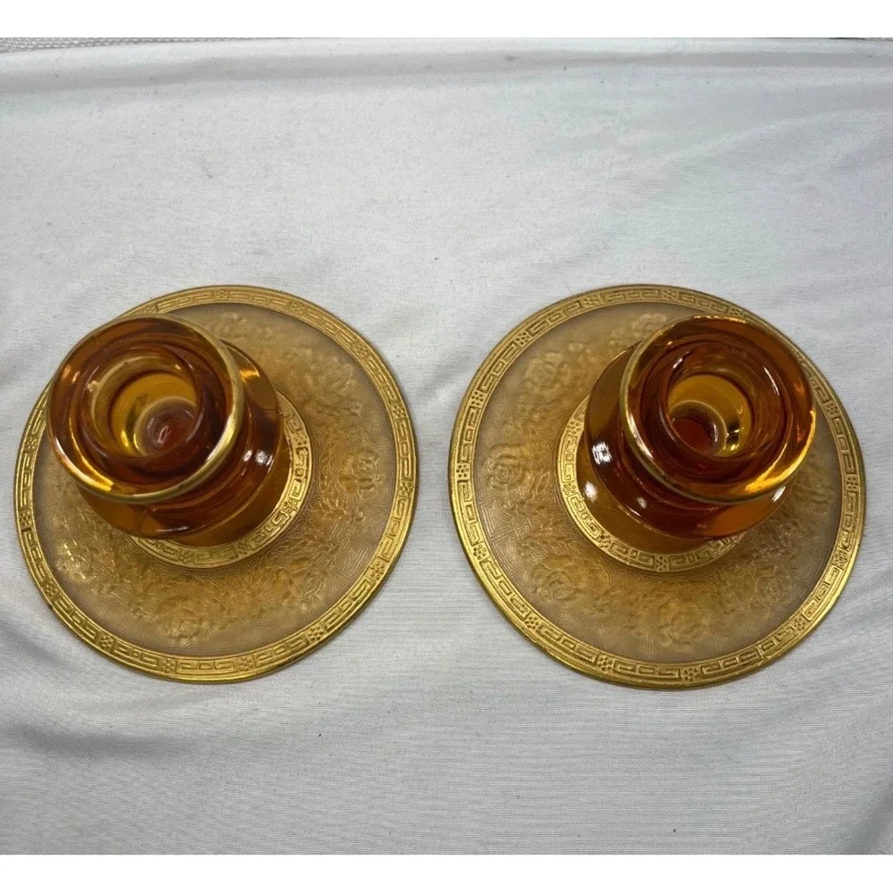 Vintage Amber Glass Candlestick Holders Pair Etched Rose Gold Greek Key 3.5